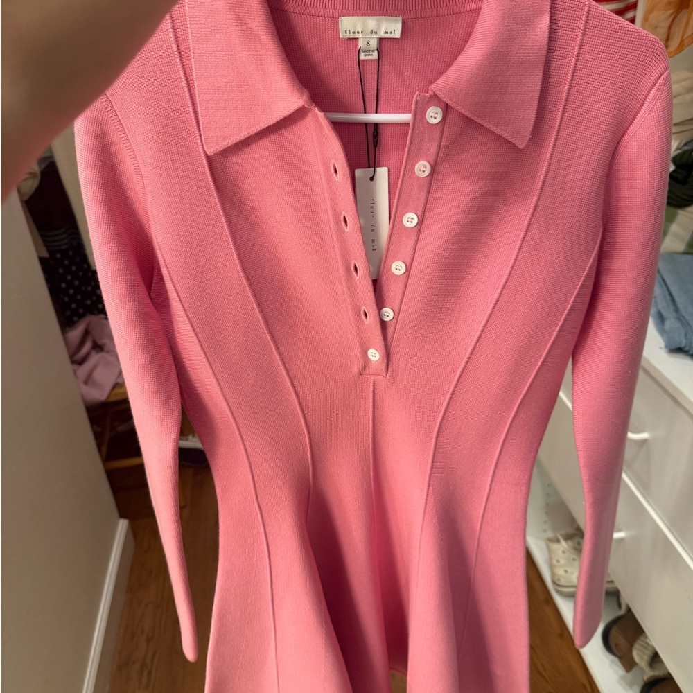 Fleur du Mal Coral Pink Long-Sleeve Ribbed Polo Dress